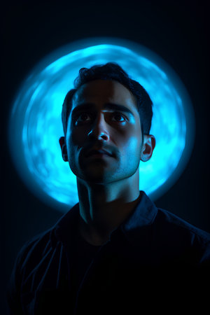 Portrait of a young man in front of a blue moon.の素材