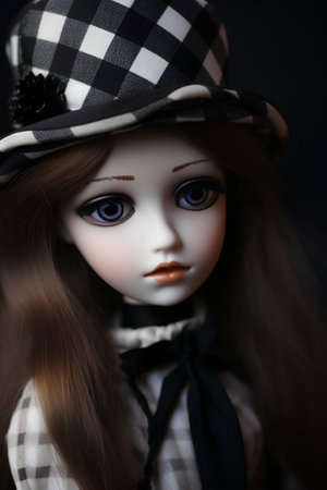 Closeup of a doll in a checkered hat on a dark backgroundの素材
