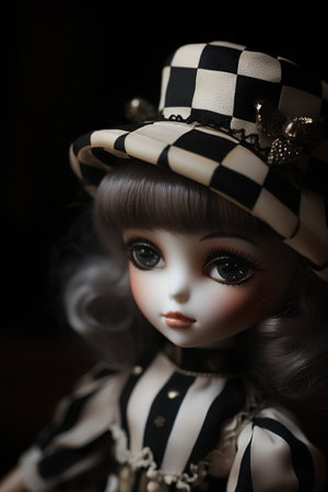 Vintage doll with black and white checkered hat on dark backgroundの素材