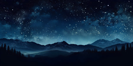 Mountain landscape at night with stars and moon. Vector illustration.の素材