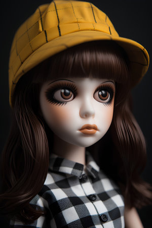 A closeup shot of a female doll wearing a cap on a dark backgroundの素材