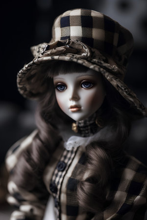 Closeup of a doll wearing a hat with a plaid patternの素材