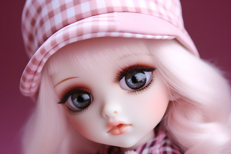 A closeup shot of a doll with a pink cap on her headの素材