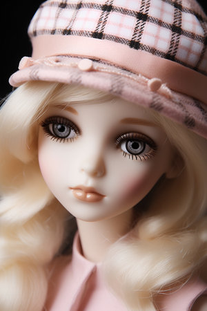 Close up of a female doll wearing a hat on a black backgroundの素材