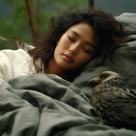 Young beautiful asian woman sleeping in the bed with a bird.の素材