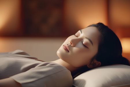 Beautiful asian woman sleeping on the sofa at home, closeup portraitの素材