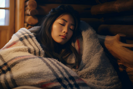 Young beautiful asian woman sleeping under a blanket in the wooden houseの素材