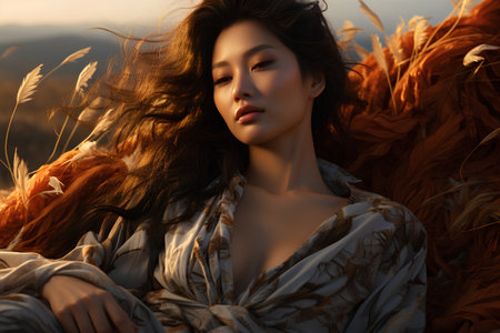 Beautiful asian woman in a wheat field. 3d renderingの素材