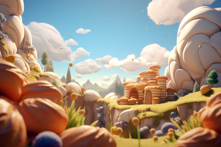 Fantasy fantasy landscape with castle and mountains. 3d render illustrationの素材