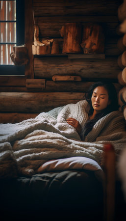 Beautiful young asian woman wrapped in warm knitted sweater sitting on the bed in her cozy room.の素材