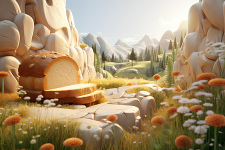 3d render of a fantasy landscape with a mountain and a loaf of breadの素材
