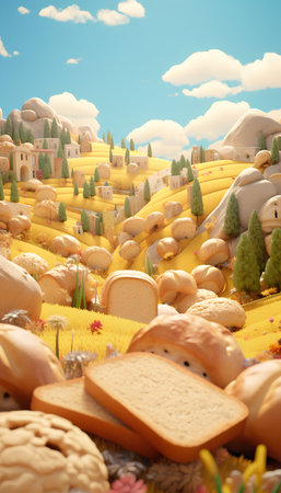 3D rendering of a typical Tuscan village with bread and cheeseの素材