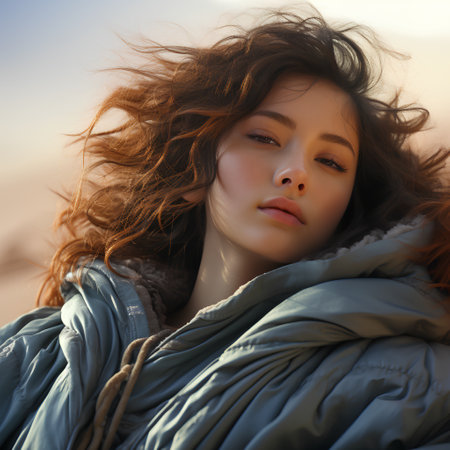 Portrait of a beautiful young woman with long curly hair in a blue down jacket on the beach.の素材