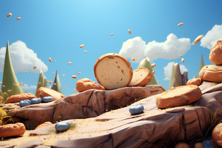 3d rendering of a desert scene with a bread and a blue skyの素材