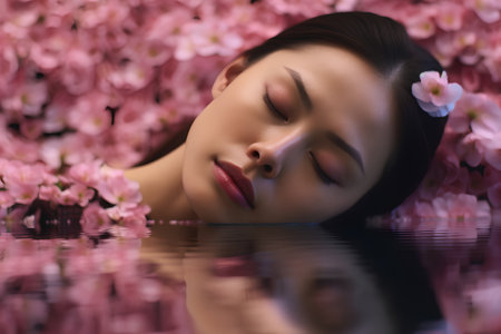 Beautiful young woman lying in water with sakura flowers in backgroundの素材