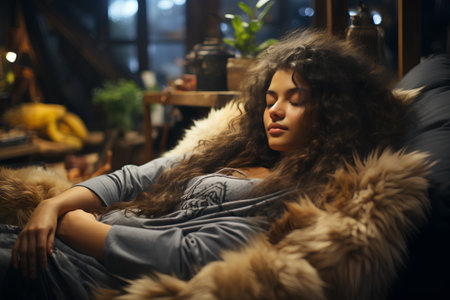 Beautiful young woman with curly hair lying on a sofa in a luxury interiorの素材