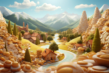 Fantasy landscape with houses, mountains and river. 3D renderingの素材