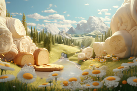 3D rendering of a fantasy landscape with chamomiles and mountainsの素材