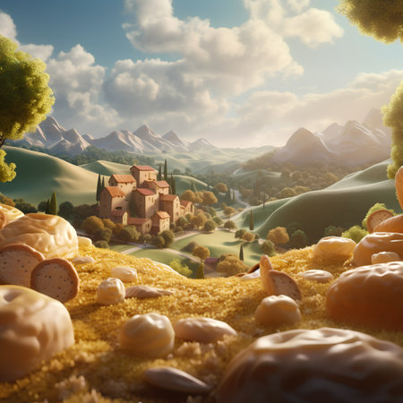 Fantasy landscape with a village on the hills. 3d renderの素材