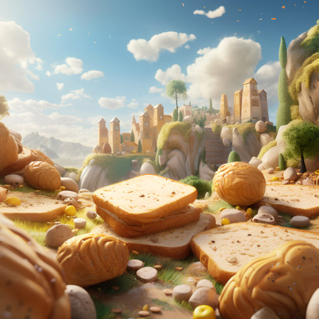 3d illustration of fantasy landscape with bread and fantasy city in the backgroundの素材