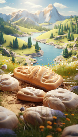 3d rendering of a mountain landscape with a pair of breadsの素材