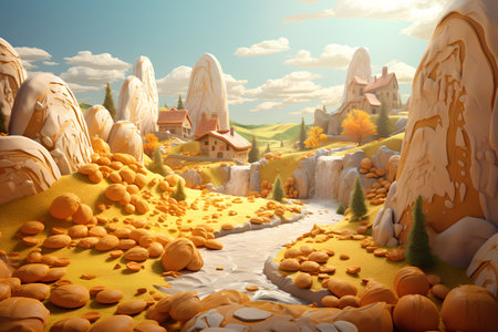 Fantasy landscape with fairy tale castle. 3d render illustration.の素材