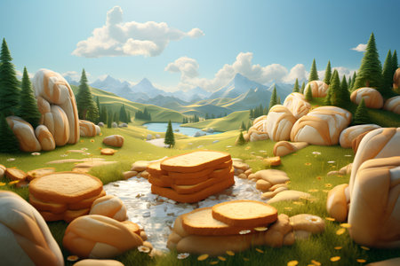 Fantasy landscape with mountains, grass and stones. 3d renderingの素材