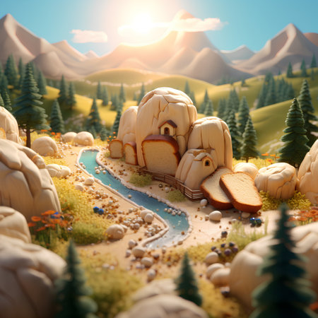 Fantasy landscape with sand castle, trees and river. 3d illustrationの素材