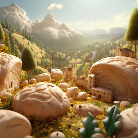 Fantasy landscape with bread and mountains in the background. 3D illustration.の素材