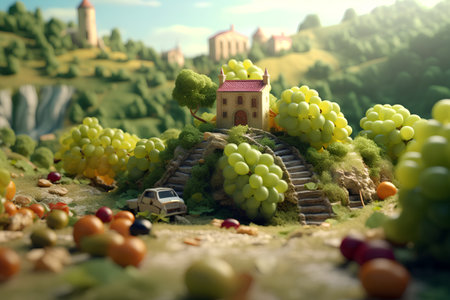 Grapes and house on the top of the hill. 3d renderの素材