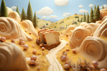 Bread on the sand in the mountains. 3D illustration.の素材