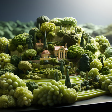 Model of the castle surrounded by broccoli and other vegetables. 3D renderingの素材