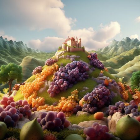 Fantasy landscape with castle and grapes. 3d render illustration.の素材