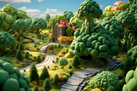 Fantasy landscape with a castle and a road. 3d renderの素材