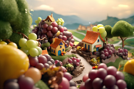 Grapes and houses on the meadow. 3d renderの素材