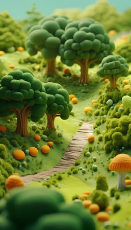 Green fantasy landscape with trees and path, 3d illustration, horizontalの素材