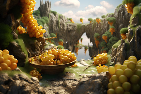 Fantasy landscape with green plants and yellow berries. 3d renderの素材