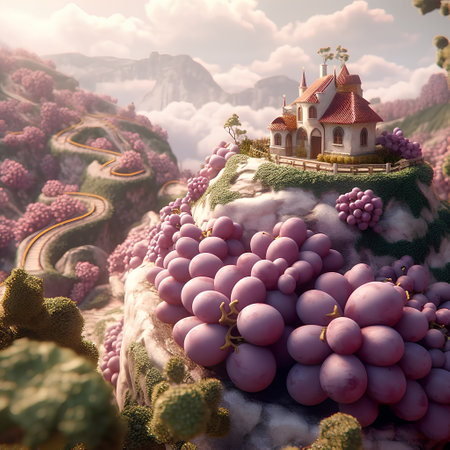 Grapes and house on the hill. 3D illustration.の素材