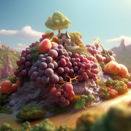 Fantasy landscape with grapes and a castle. 3d render.の素材