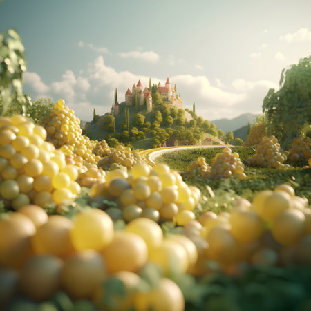 Wine grapes and castle in the vineyard. 3d renderの素材