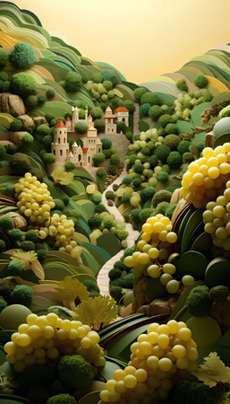 3d illustration of fantasy landscape with castle and vineyard in the middleの素材