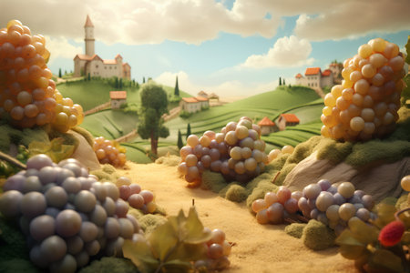 grapes and castle on the background of green hills and blue skyの素材