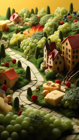 grapes, cheese and houses on green grass with yellow backgroundの素材