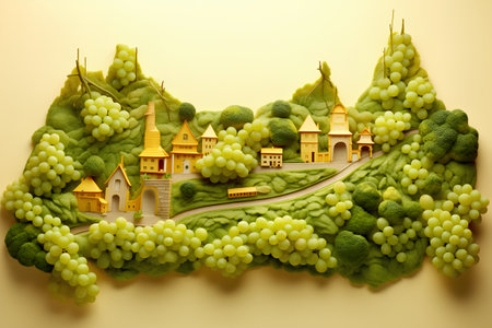 Creative layout made of green grapes and fairy tale castle on yellow backgroundの素材