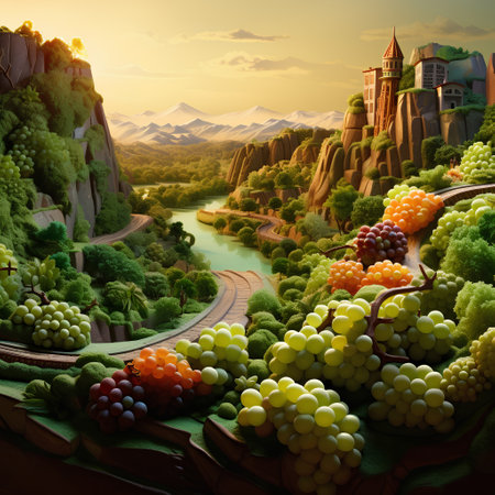 Fantasy landscape with castle and vineyard. 3D illustration.の素材