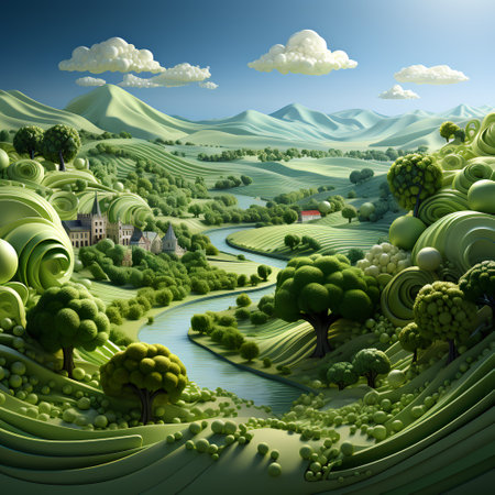 Landscape with castle and green hills. 3d render illustration.の素材
