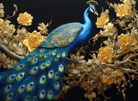 Peacock on a branch with yellow flowers. 3D illustration.の素材