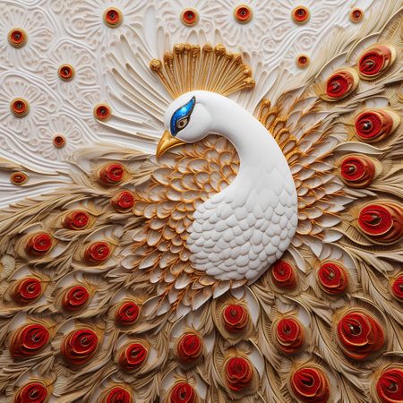 3d illustration of a white peacock and red roses on a white backgroundの素材