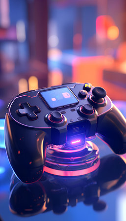 Gamepad in neon light. 3d rendering. Computer digital drawing.の素材