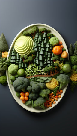 Healthy eating concept. Vegetables and fruits on plate. 3d illustrationの素材